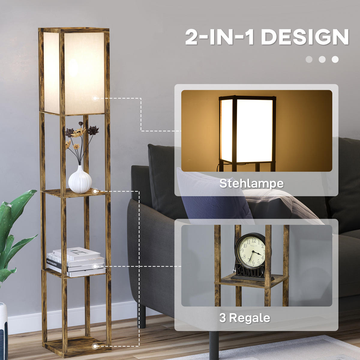 STEHLAMPE mit Regalen, Wohnzimmer Stehleuchte E27 bis 40W, Nachttischlampe - Braun, Textil (26/26/160cm) - HOMCOM