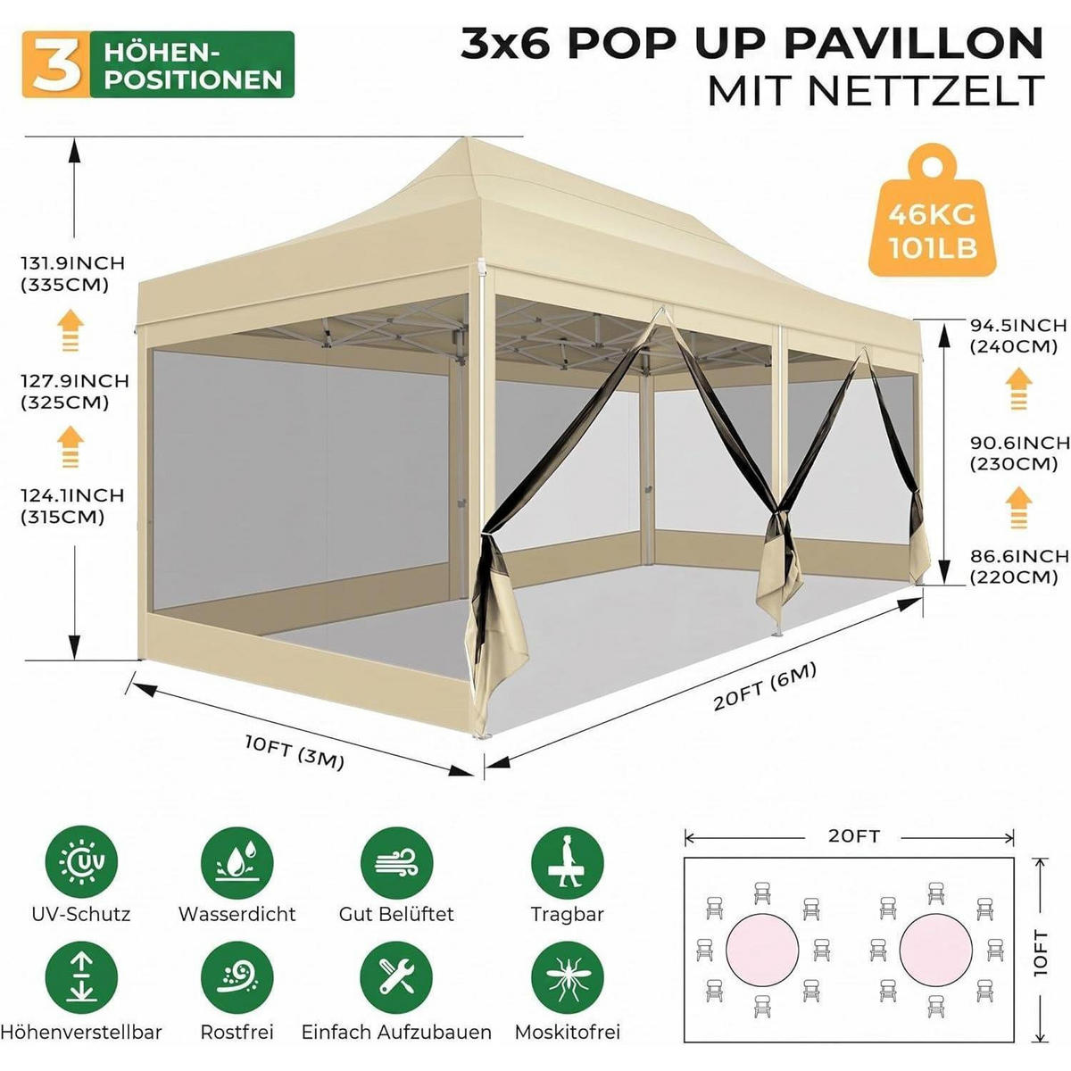 FALTPAVILLON 3x6m Wasserdicht Stabil mit 6 Seitenwänden Khaki - Olivgrün, Textil (300/335/600cm)