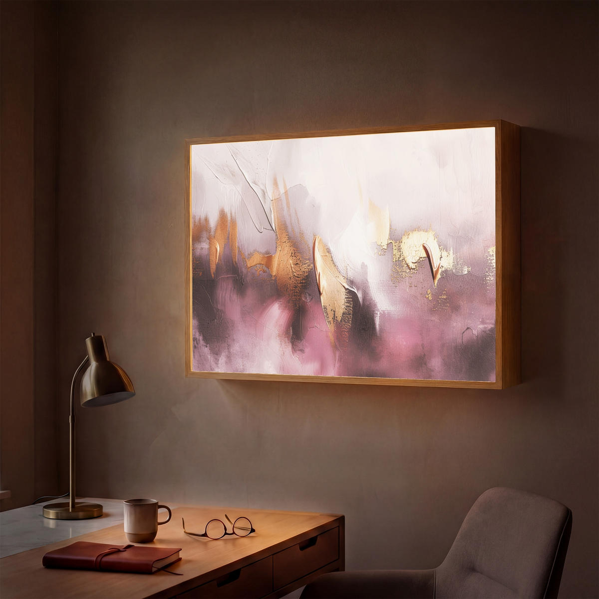 NÁSTĚNNÁ LAMPA S AKUMULÁTOREM Fialová - abstraktní - barva - zlatá 90x60 cm - světle fialová, kompozitní dřevo (90/60/8cm) - OnlyWow