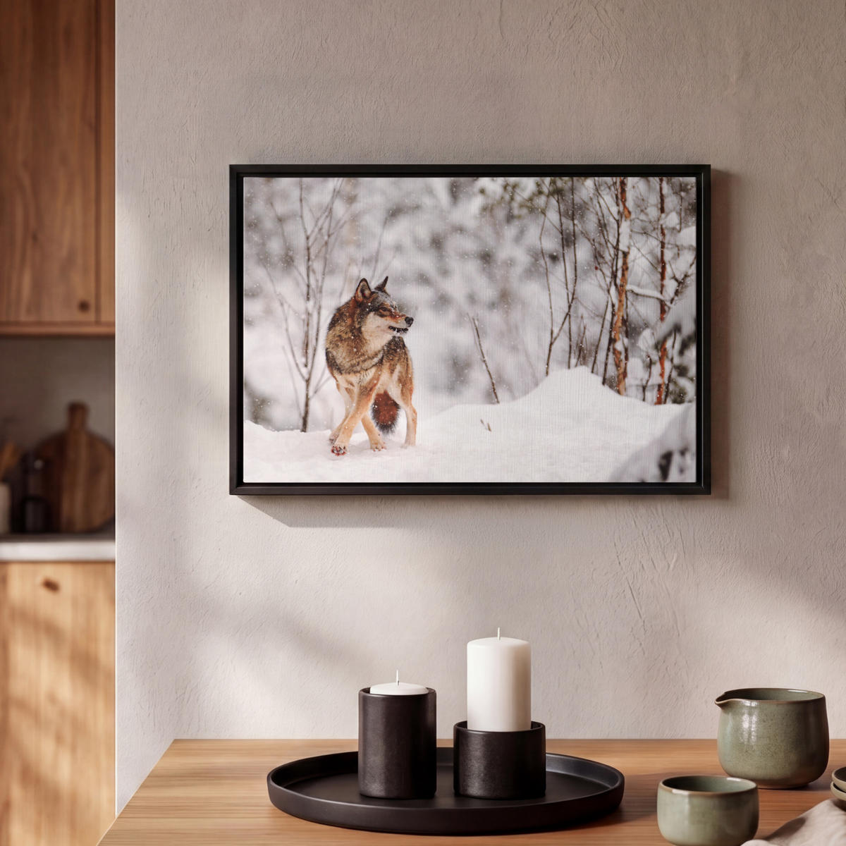 LEINWAND Bilder mit Rahmen - Wolf - Winter - Schnee - Natur - Tiere - 30x20 - Haselnussfarben, Textil (30/20cm) - MuchoWow