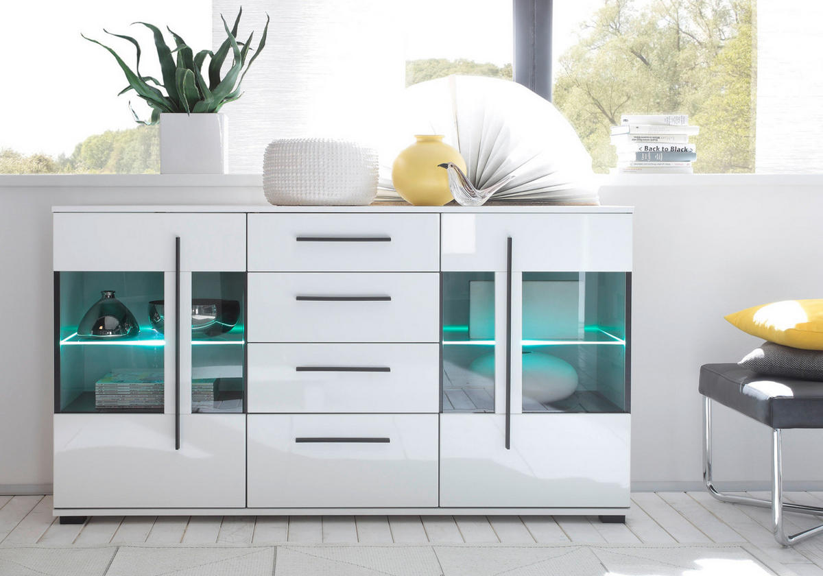 SIDEBOARD weiß Hochglanz 150 cm, Kommode mit Soft-Close - Weiß Hochglanz/Schwarz, Glas/Holzwerkstoff (150/86/42cm) - Furn.Design