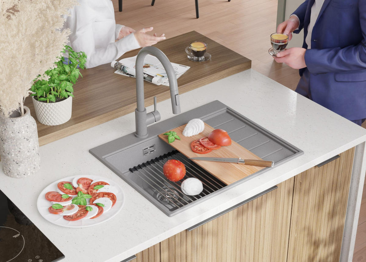 SPÜLBECKEN Sydney, 2-er set Grau 62/50 cm 1 Becken + Ablauf-Set + Küchenzubehörset ab 45er Unterschrank - Chromfarben/Beige, Kunststoff (62/20/50cm) - Primagran