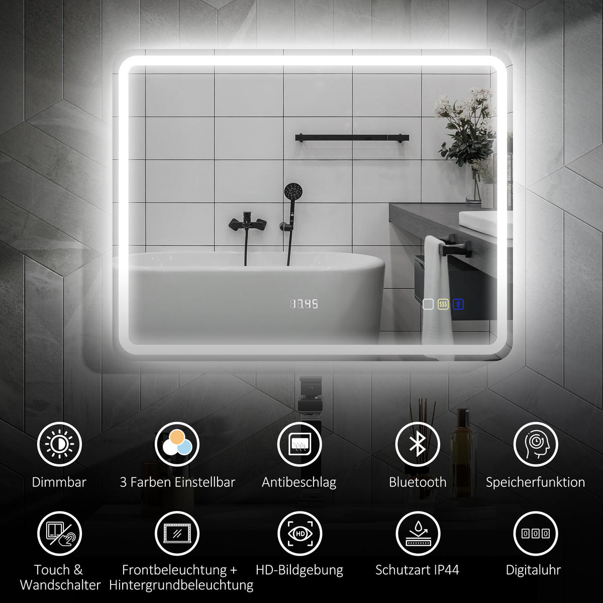 BADEZIMMERSPIEGEL mit LED-Beleuchtung, Anti-Beschlags-Pad, 3 verstellbare Farben - Silberfarben, Glas (3.5/70/90cm) - HOMCOM