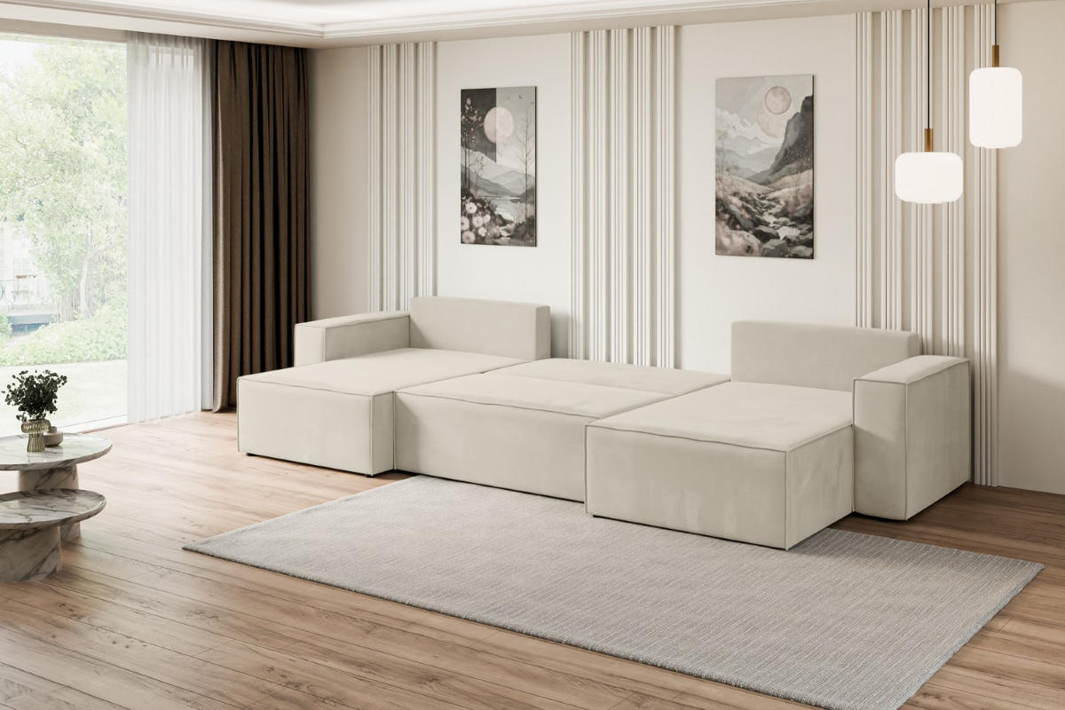 WOHNLANDSCHAFT mit Schlaffunktion und Bettkasten CELTIC-XLU - 377x143x83 cm Beige Velours - Beige/Creme, Holzwerkstoff/Kunststoff (377/83/143cm) - ALTDECOR