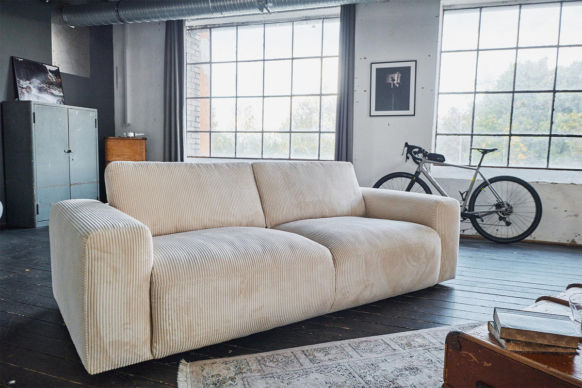 SOFA BODHI Cremeweiß Cord - Creme/Schwarz, Kunststoff/Textil (242/80/110cm) - KAWOLA