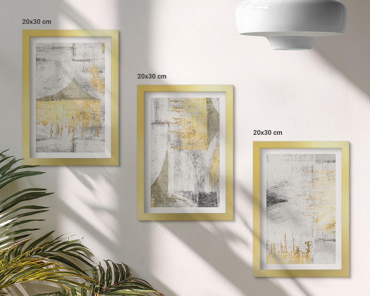 WANDBILDER 3er Set - 20x30 cm Goldrahmen - Abstrakte modische Malereimuster - Goldfarben, Kunststoff (20/30cm) - ArtPrintCave