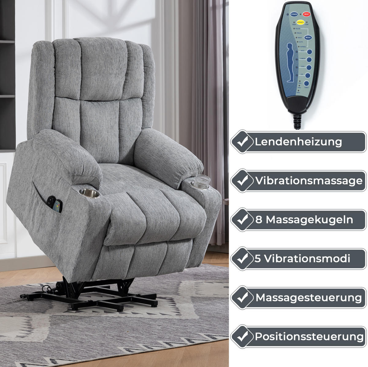 RELAXAČNÍ křeslo světle šedé ze sametu s elektrickým polohováním, výklopnou pomocí a masáží - světle šedá, textil (84/106/91cm) - OKWISH