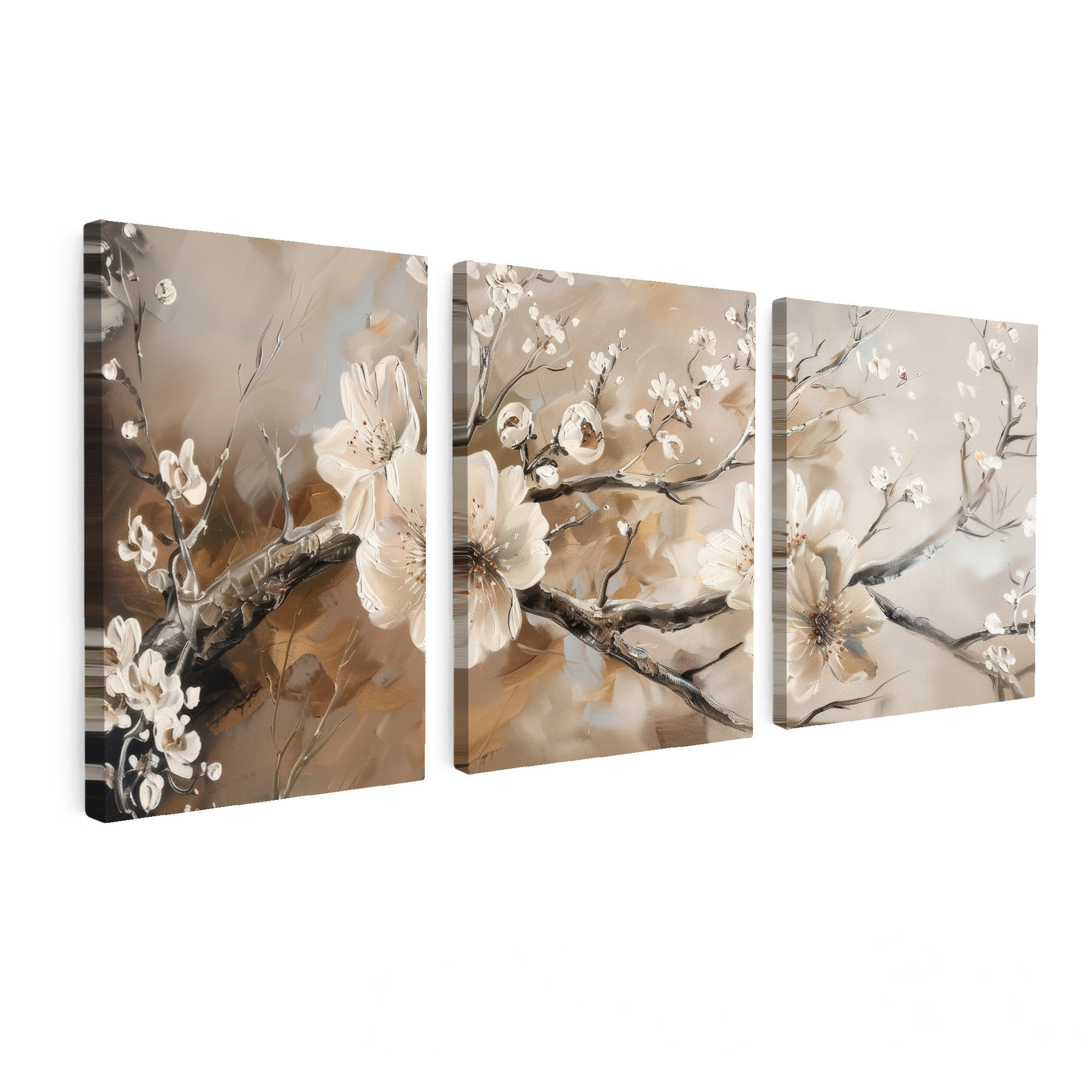 OBRAZ NA PLÁTNĚ 3dílná sada Květina - Béžová - Abstraktní - Květiny 180x80 cm - světle hnědá, textil (180/80cm) - MuchoWow