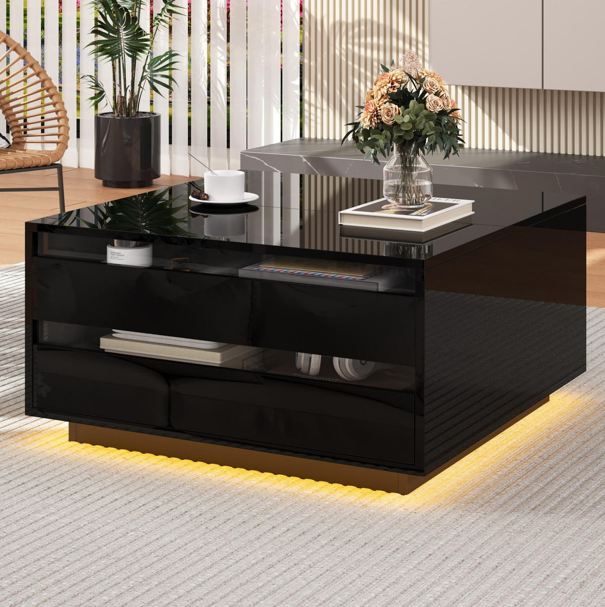 COUCHTISCH mit Hubplatte 70x70 cm Hochglanz Schwarz mit LED und Schublade - Schwarz, Holzwerkstoff (70/70/38cm) - Meubliv