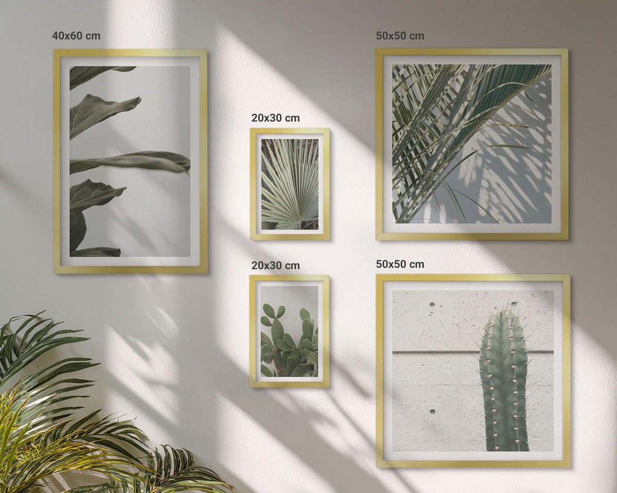 BILDER SET 5er Set - 50x50 cm & 20x30 cm & 40x60 cm Goldrahmen - Blätter tropischer Pflanzen in Pastellfarben - Goldfarben, Kunststoff (40/60cm) - TULUP