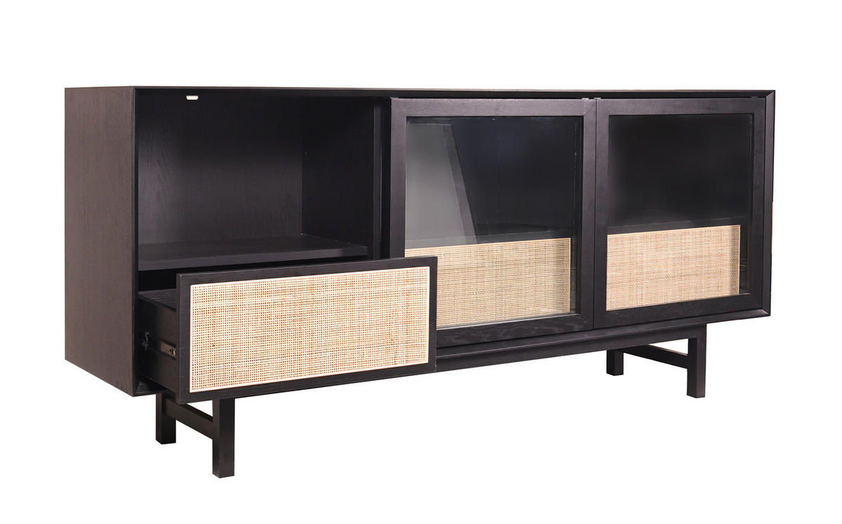 SIDEBOARD mit Schiebetüren - Echtholzfurnier - Gummibaum Schwarz / Beige - Beige/Schwarz, Holzwerkstoff (180/80/40cm) - home24