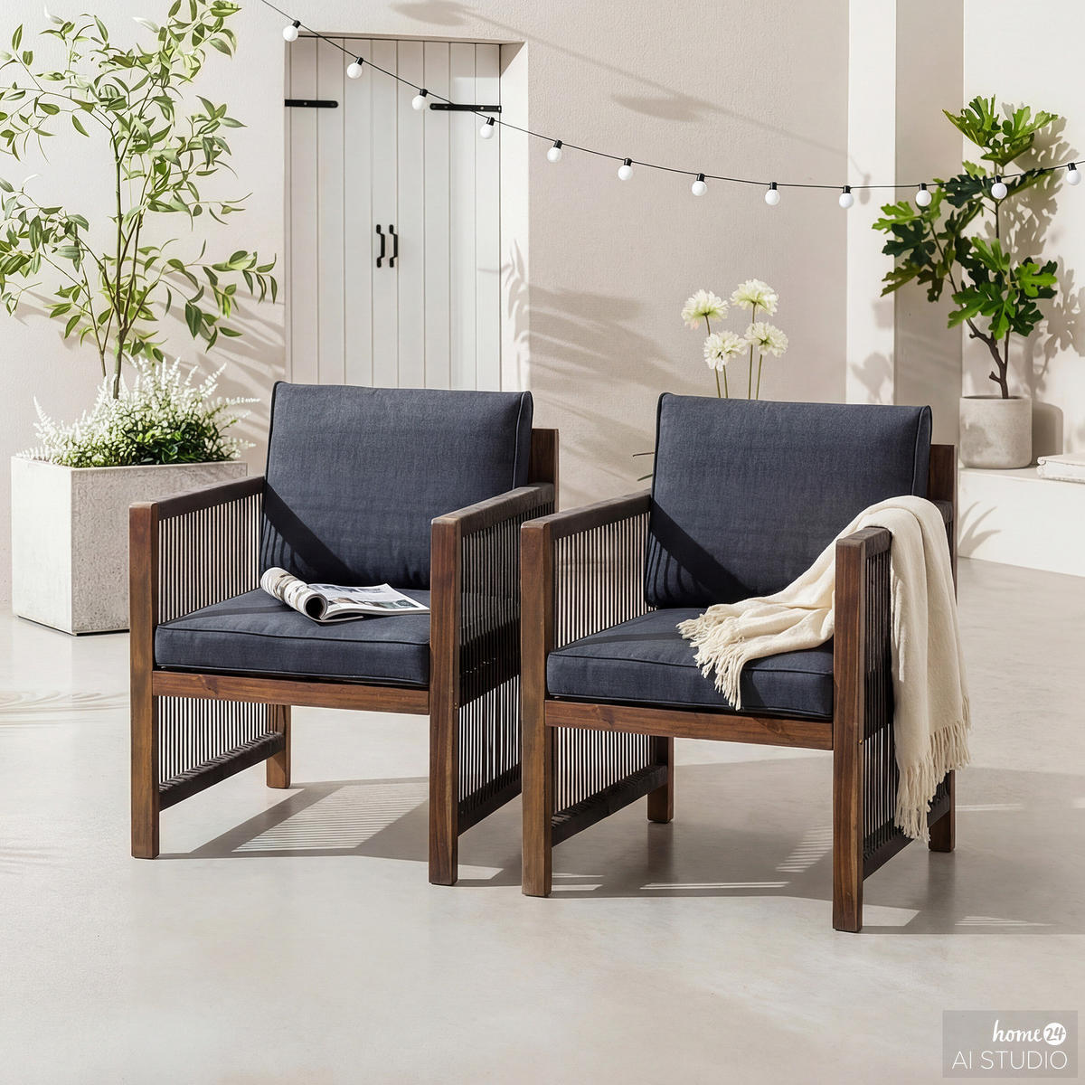 DININGSTUHL mit Armlehnen - 2er-Set - Akazie massiv / Webstoff - Braun/Grau, Holz/Textil (62/86/66cm) - home24