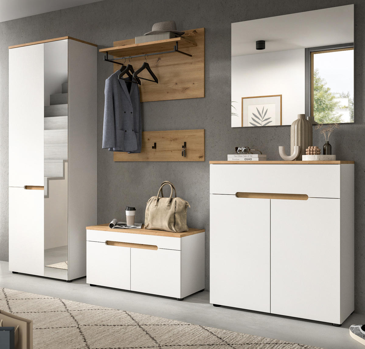 GARDEROBEN-SET weiß, Eiche Artisan 6-teilig, Komplett-Set mit Soft-Close - Weiß, Glas/Holzwerkstoff (255/190/37cm) - Inn.Furn