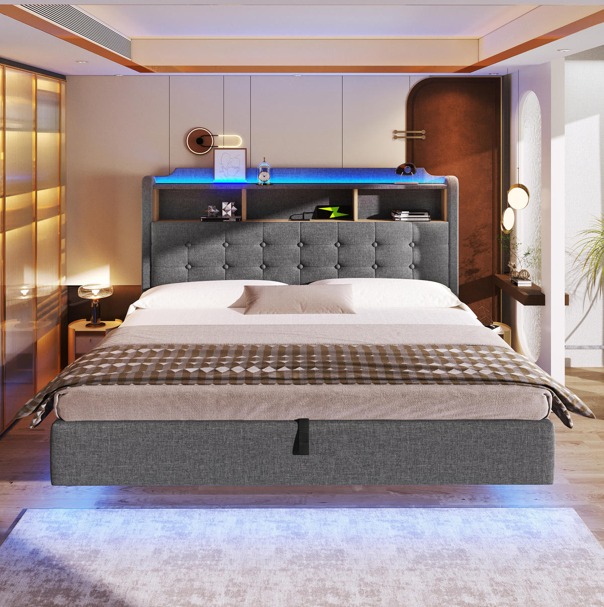 POLSTERBETT 180/200 cm aus Leinen und MDF mit LED-Lichtleiste, Grau - Grau, Textil (180/200cm) - OKMYHOME
