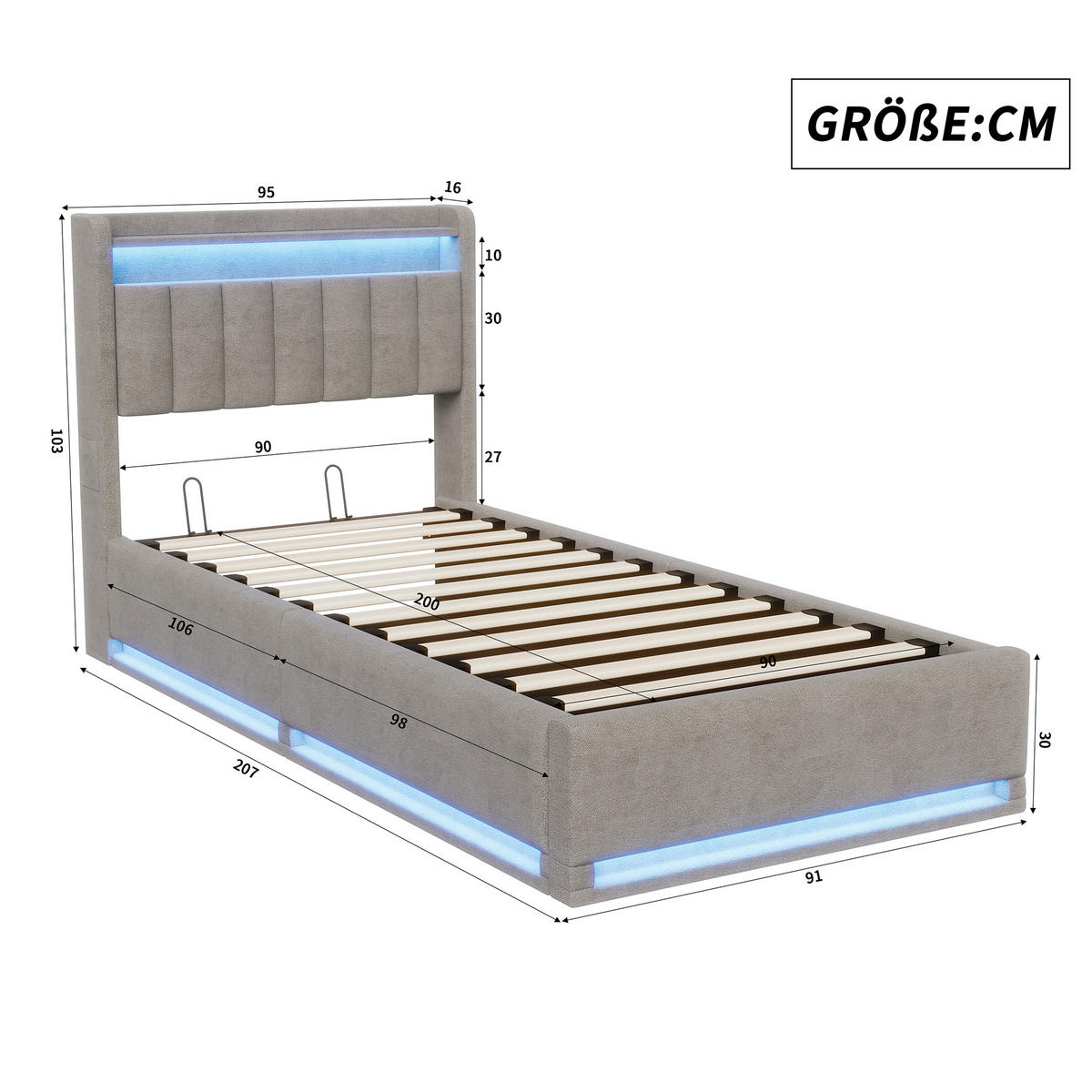 POLSTERBETT 90x200 cm mit LED, USB Und Type-C, Einzelbett mit Bettkasten 90x200, Stauraum, Grau Samt - Grau, Textil/Metall (90/200cm) - GENKI LIVING