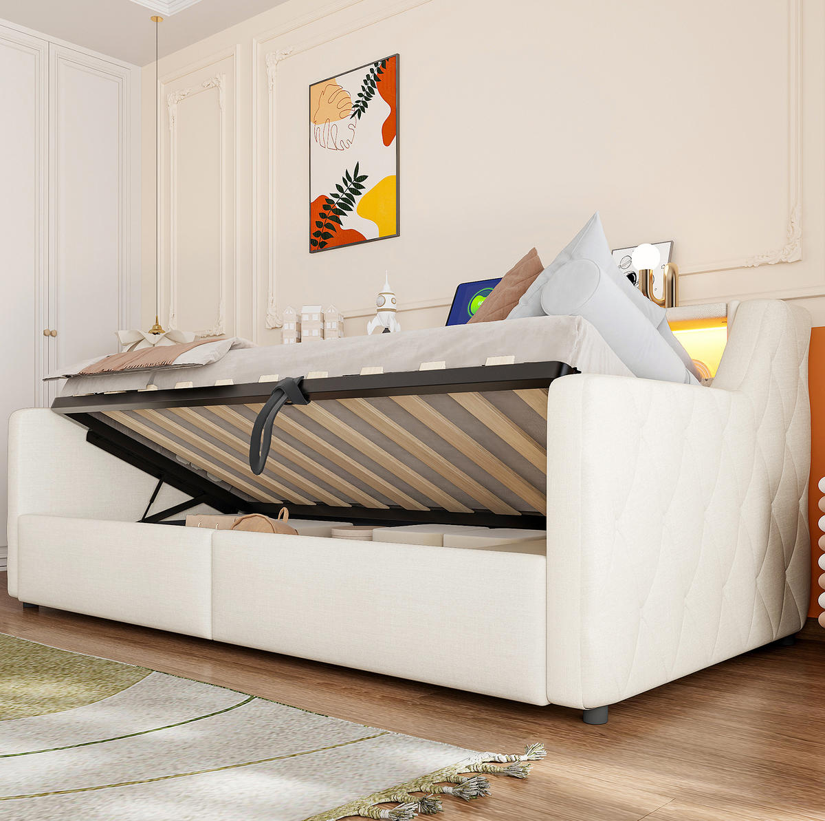 BETT 90/200 cm in Beige mit LED-Beleuchtung und hydraulischem Stauraum - Beige, Holzwerkstoff (90/200cm) - Flora Grace