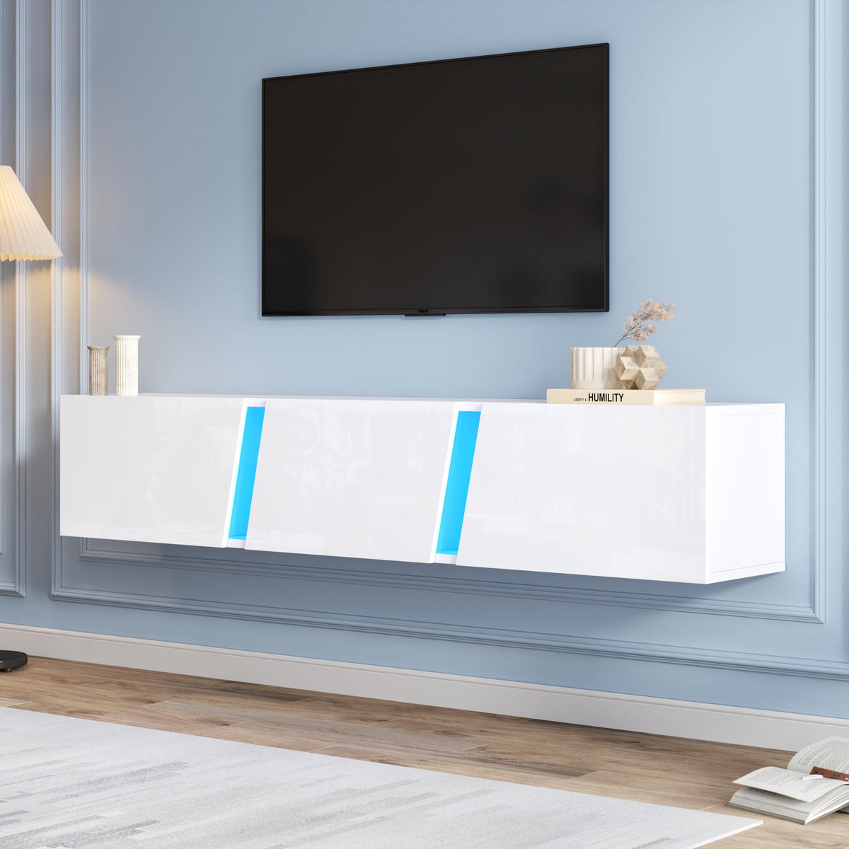 TV-ELEMENT 180/35/30 cm Hängend Hochglanz Weiß mit LED-Beleuchtung und 3 Türen - Weiß, Holzwerkstoff (35/30/180cm) - Korfee