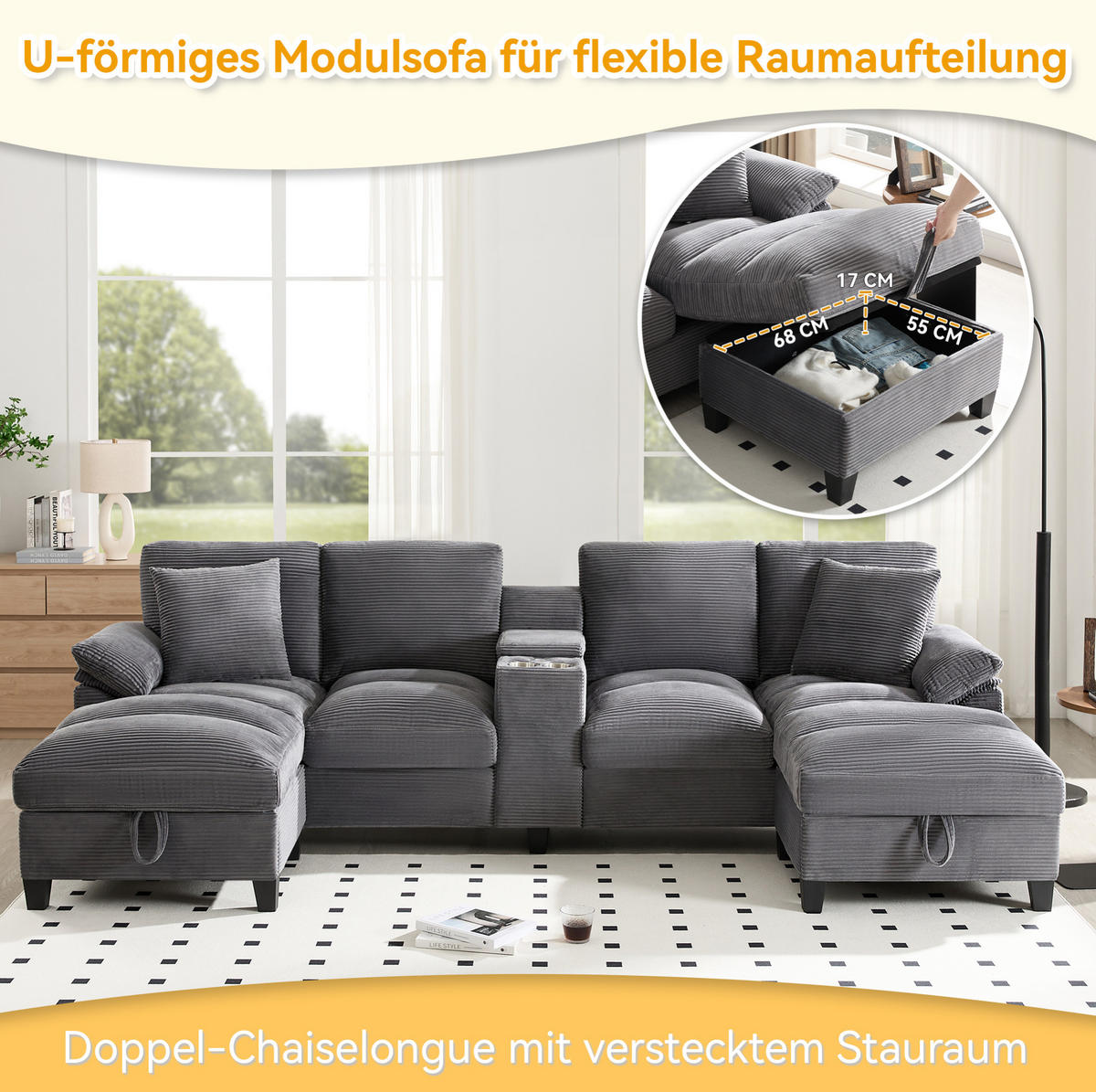 WOHNLANDSCHAFT aus Cord 293x142x93 cm in Grau mit USB-Anschlüssen & Stauraum - Grau, Textil (142/93/293cm) - Modfu