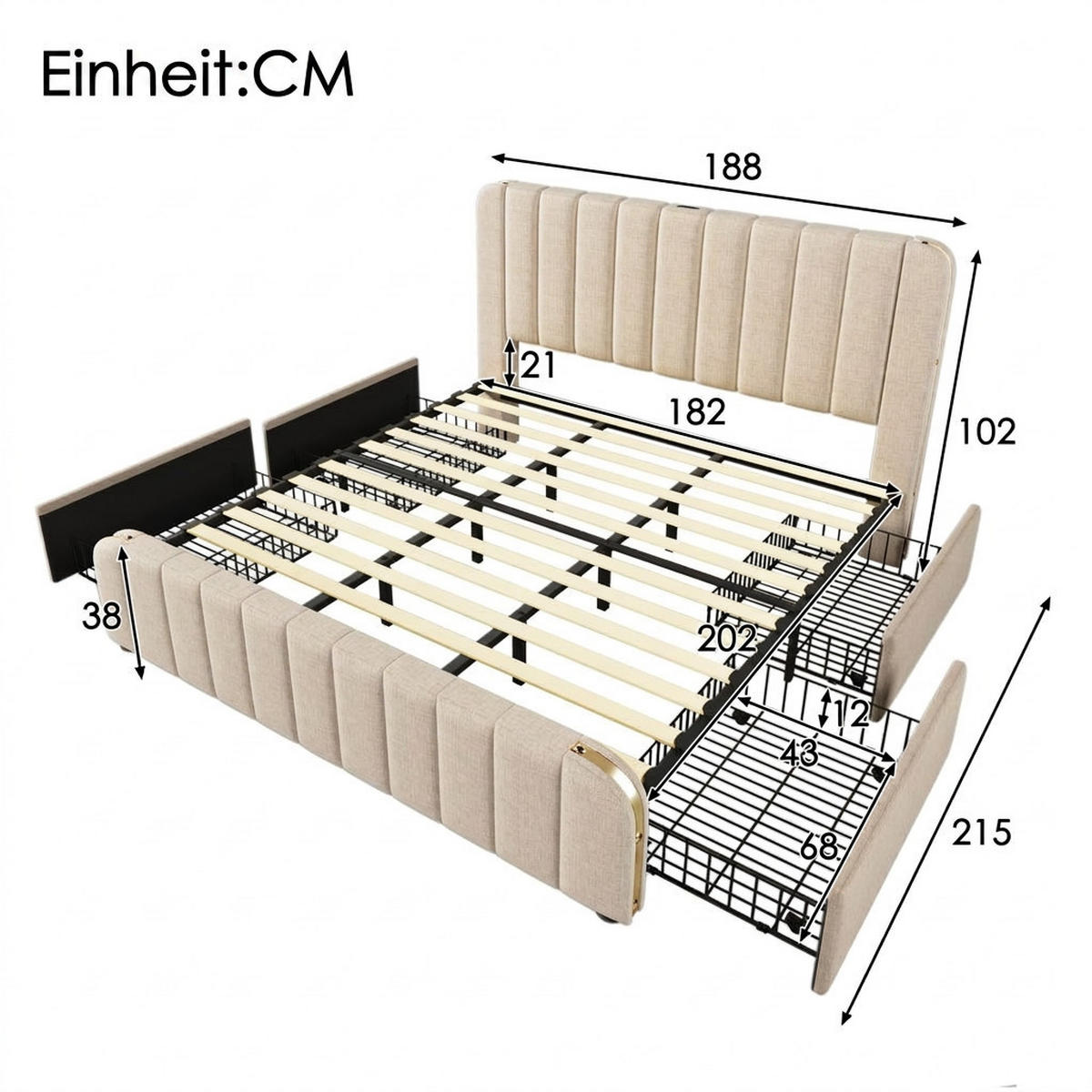 POLSTERBETT 180/200 cm Beige mit 4 Schubladen und USB Typ-C Ladefunktion - Beige, Textil (180/200cm) - Oxeza