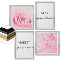 WANDBILDER 4er Set - 50x50 cm & 40x60 cm Silberner Rahmen - Minimalistische rosa Blüten - Silberfarben, Kunststoff (50/50cm) - ArtPrintCave