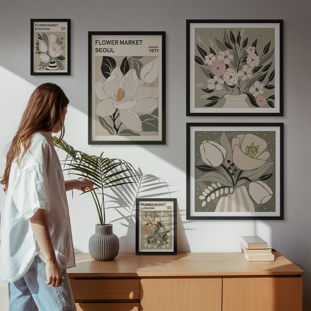 WANDBILDER 5er-Set - 50x50 cm & 20x30 cm & 40x60 cm Schwarzer Rahmen - Retro-Blumen aus Städten rund um die Welt - Schwarz, Kunststoff (40/60cm) - ArtPrintCave