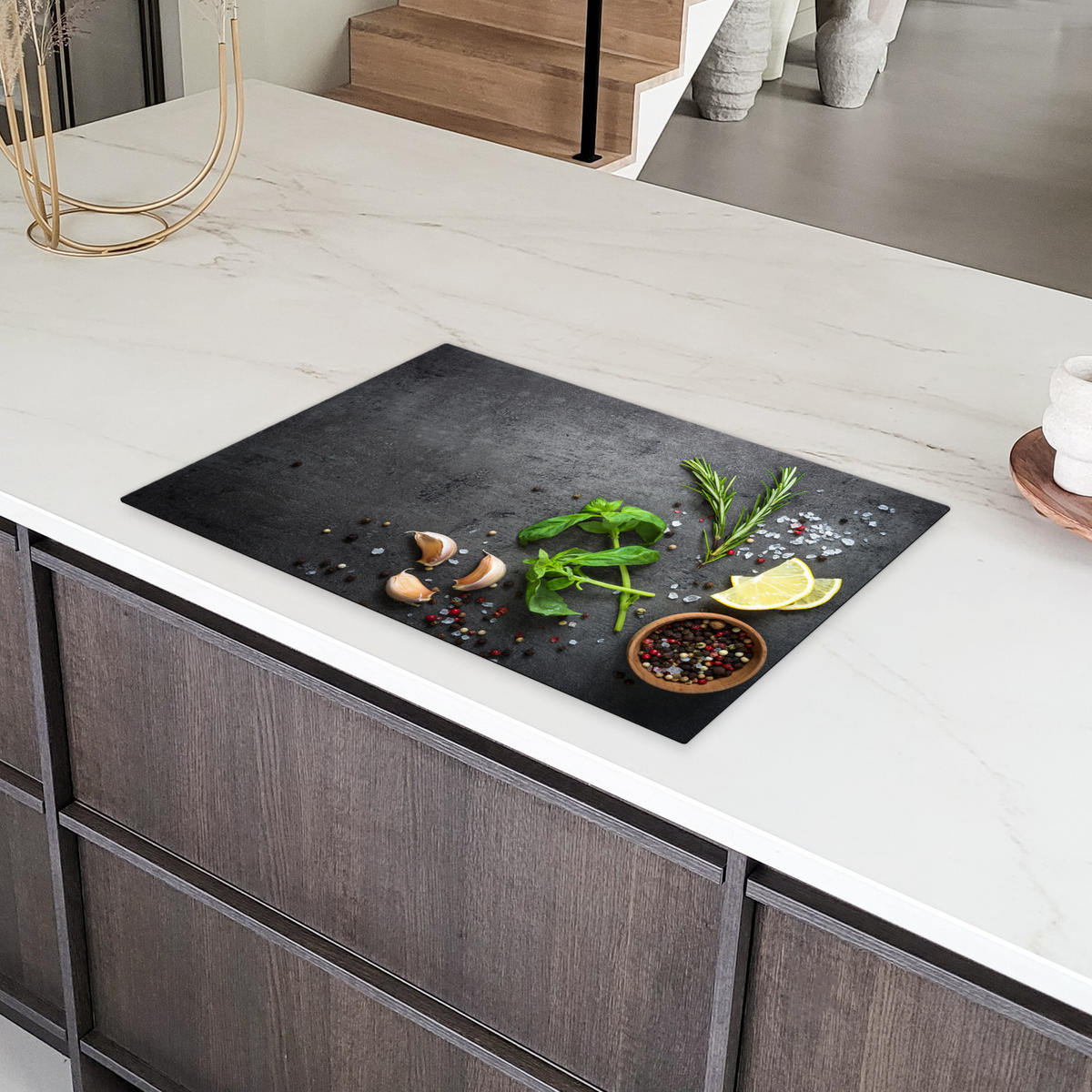 HERDABDECKPLATTE Limette - Kräuter - Gewürze - Grün - Grau - Beton Ceranfeldabdeckung 78x52 cm - Grün, Kunststoff (78/52/0.2cm) - MuchoWow