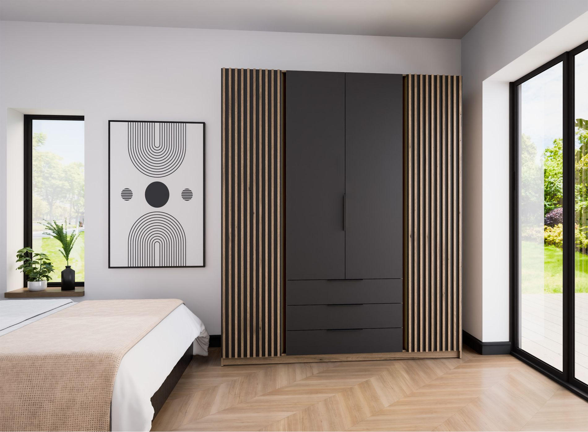 KLEIDERSCHRANK Kaja Schwarz/Eiche 200 cm - Schwarz, Holzwerkstoff/Metall (200/239/61.9cm) - Selsey