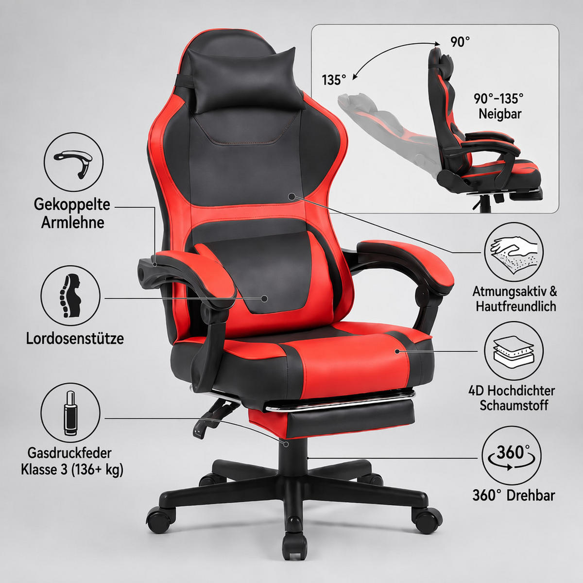 GAMING-STUHL schwarz-rot ergonomisch mit ausziehbarer Fußstütze, Nacken- und Lendenkissen, höhenverstellbar - Rot, Leder (54/116/61cm) - BRILVERDE