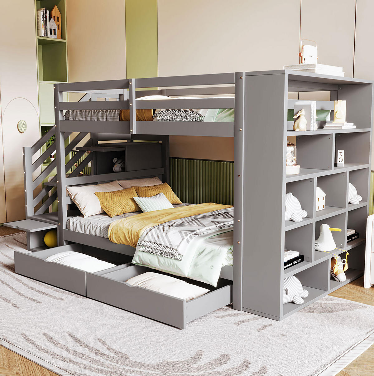 ETAGENBETT 90/200 cm Grau mit Stauraum und Sicherheitstreppe - Grau, Holz (90/200cm) - Flora Grace