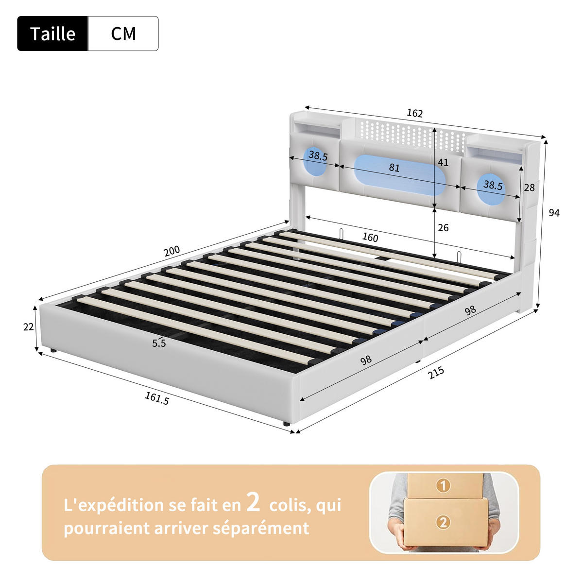 POLSTERBETT 160x200 cm, Mit LED-Beleuchtung, Verstellbares Kopfteil und Stauraum, USB- und Typ-C-Ladefunktion, PU-Bezug, Jugendbett - White - Weiß, Holzwerkstoff (160/200cm) - Brevoria