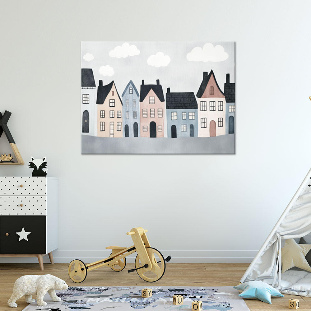 WANDBILD für kinderzimmer bunte häuser stadt - Grau, Textil (60/40cm) - Feeby