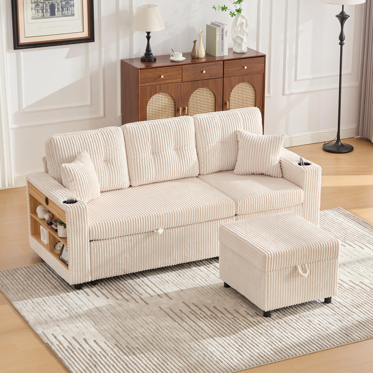 ECKSCHLAFSOFA 196/144/85 cm Beige mit Stauraum, USB-C, Ambientebeleuchtung und Getränkehaltern - Beige, Textil (196/82cm) - Oxeza