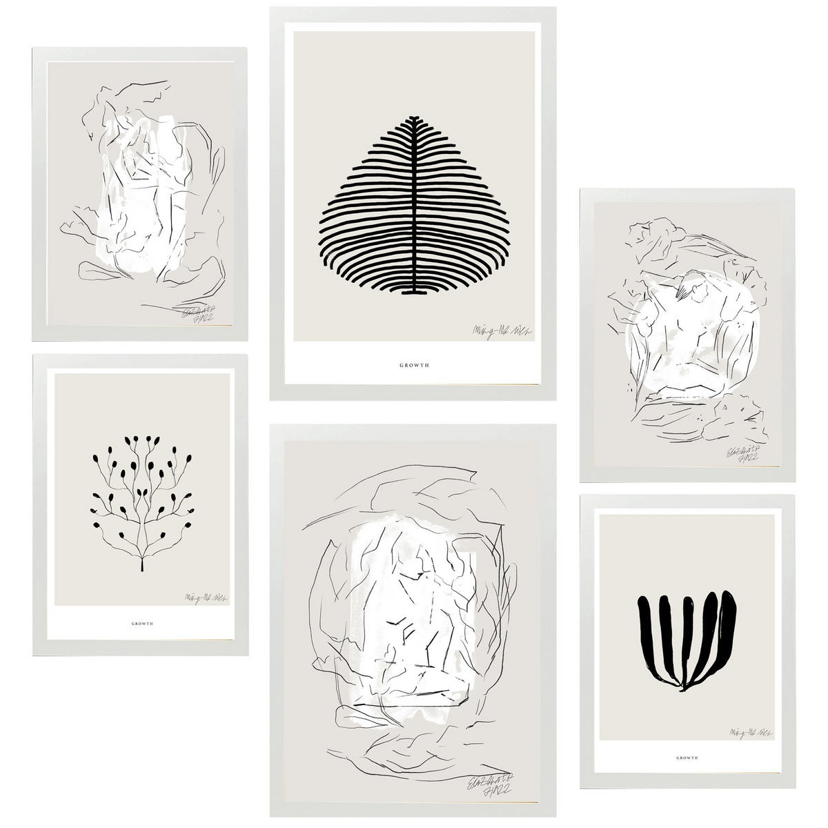 POSTER Set Mit 6 Schwarze & Beige Abstrakte Kunst A3 & A4 Weißer Rahmen - Weiß, Papier (29/3cm) - Nacnic