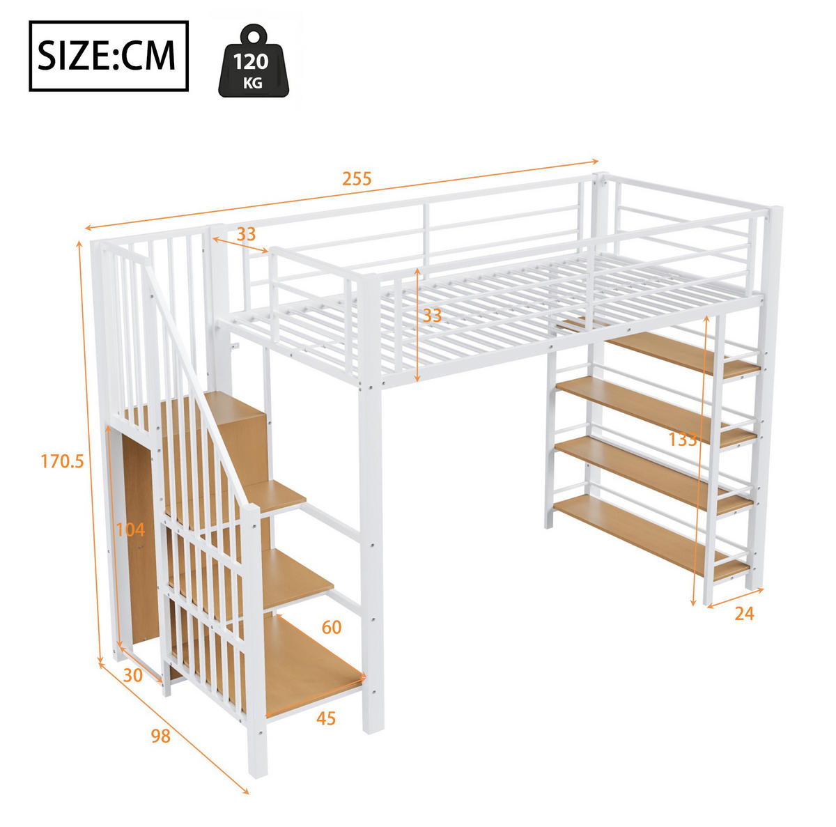 HOCHBETT aus Metall und MDF 90x200 cm Weiß mit Stauraumtreppe, Kleiderschrank, Regalen und hohem Fallschutz - Weiß, Metall (90/200cm) - Modfu