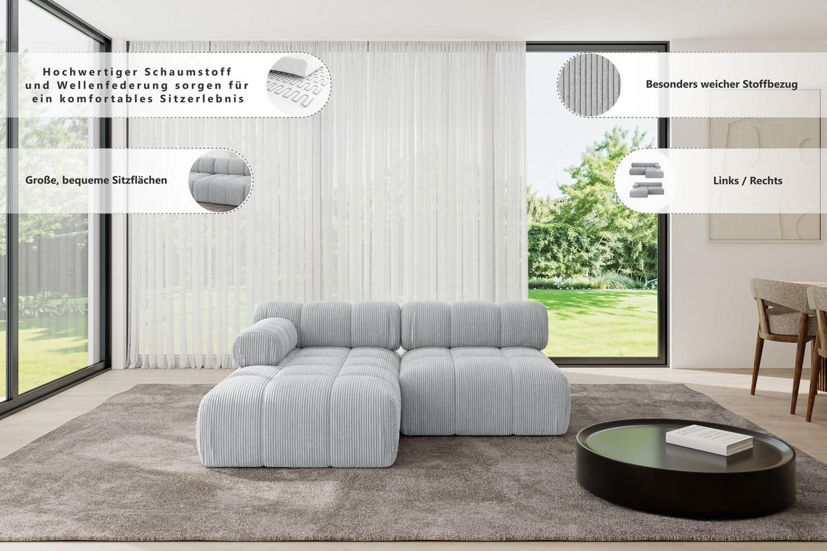 ECKSOFA modulares Sofa Razon-L1 - 190x160x70 cm Bordeauxrot Velours - Bordeaux, Holzwerkstoff/Textil (190/160cm) - ALTDECOR