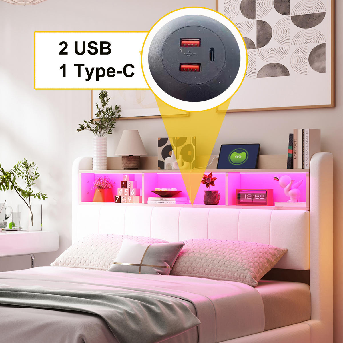 POLSTERBETT 160x200 cm Beige Leinen Stauraum LED USB Type-C - Beige, Holzwerkstoff - FLIEKS