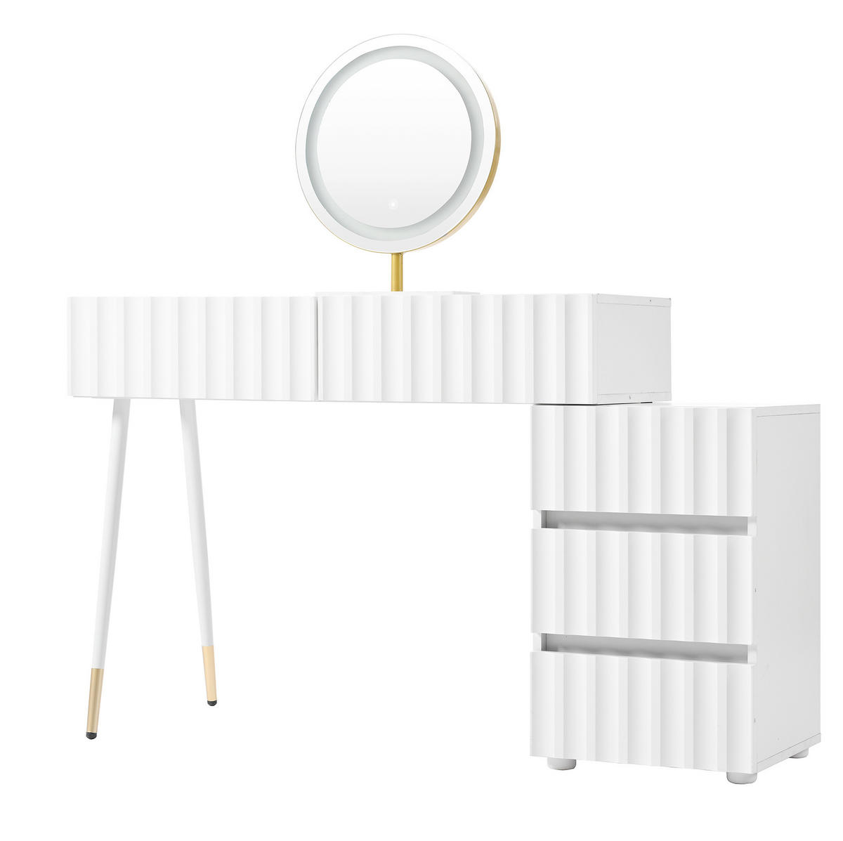 SCHMINKTISCH 100/40/127 cm mit LED-Spiegel, 5 Schubladen und flexiblem Seitenschrank, Weiß - Weiß, Holzwerkstoff (100/127/40cm) - Redom