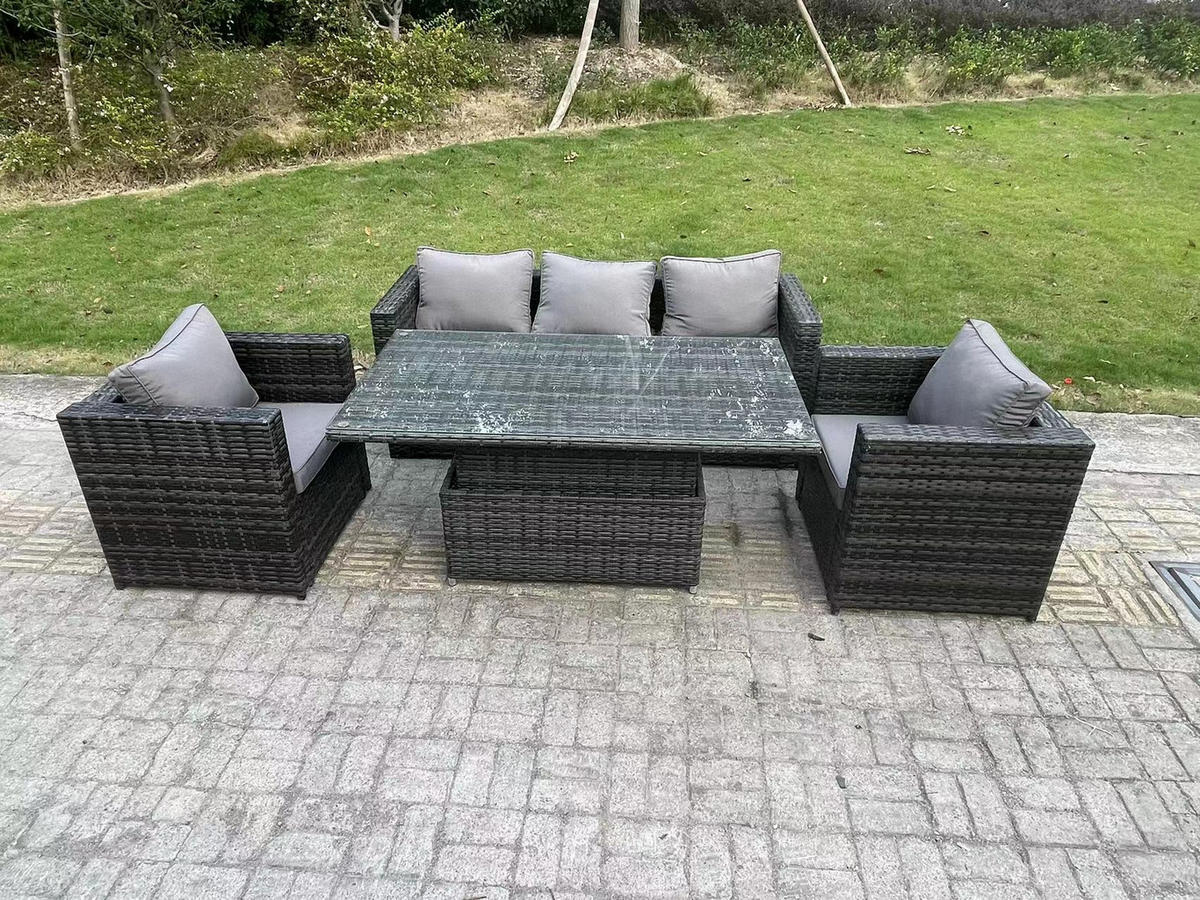 GARTENMÖBEL SET PE Polyrattan 5-Sitzer Grau - Dunkelgrau/Grau, Glas/Kunststoff - Fimous