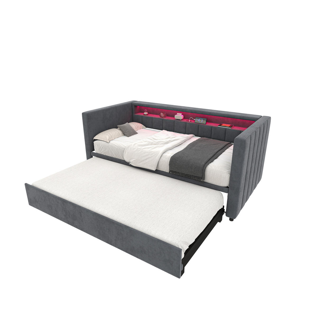 BETT mit Stauraum & Ausziehbett mit USB-C Anschluss und LED-Beleuchtung Beige 196/82-144/85 cm - Dunkelgrau, Textil - OKWISH