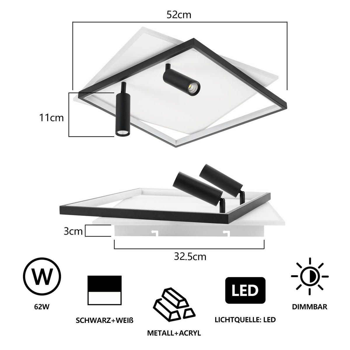 LED-DECKENLEUCHTE Dillon 50/50/13cm - Weiß, Metall (50/50/13cm) - Nettlife
