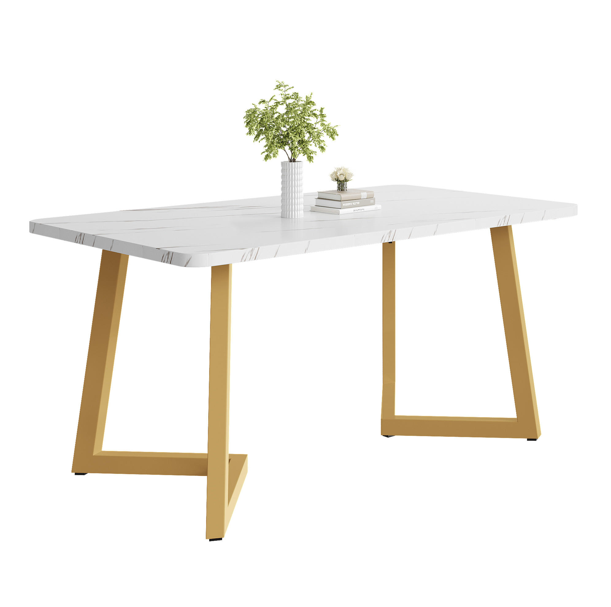 OKWISH JÍDELNÍ stůl 117/68/75 cm bílo-zlatý z MDF v mramorovém dekoru s kovovými nohami