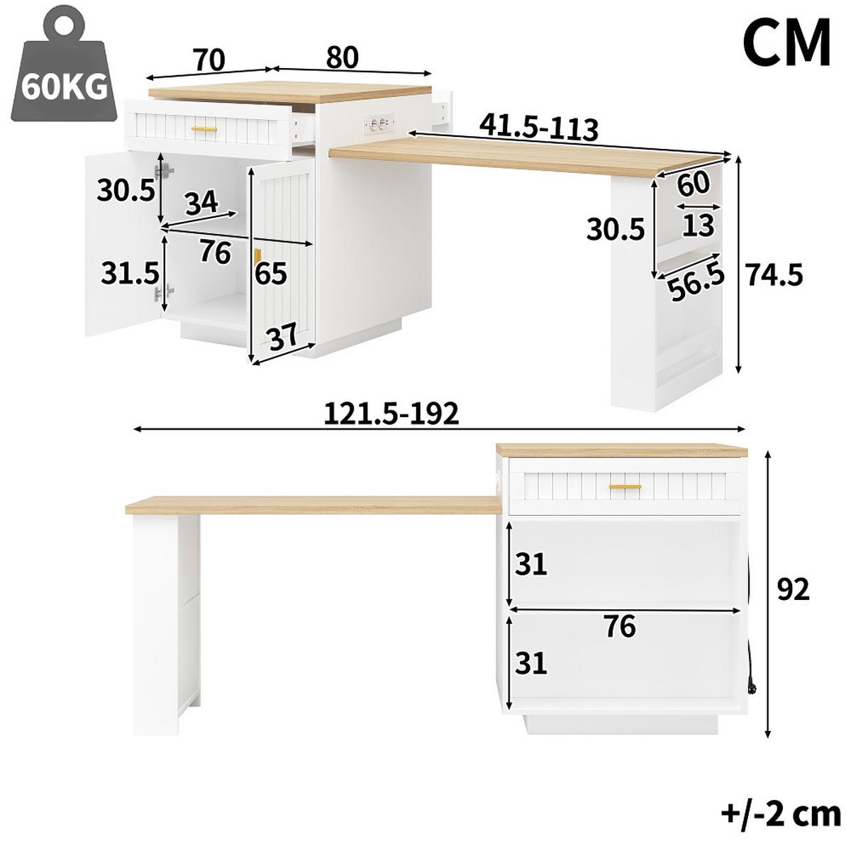 KÜCHENINSEL Ausziehbar mit Steckdose, MDF/Metall, Weiß, 121,5-192/70/92 cm - Weiß, Kunststoff (70/92/121.5cm) - Rolipo