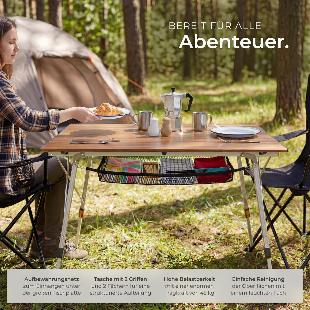 CAMPINGTISCH aus Aluminium Bastian, 120 x 70,5 x 58 – 79 cm, Holzoptik - Braun, Metall (120/70.5/79cm) - tectake