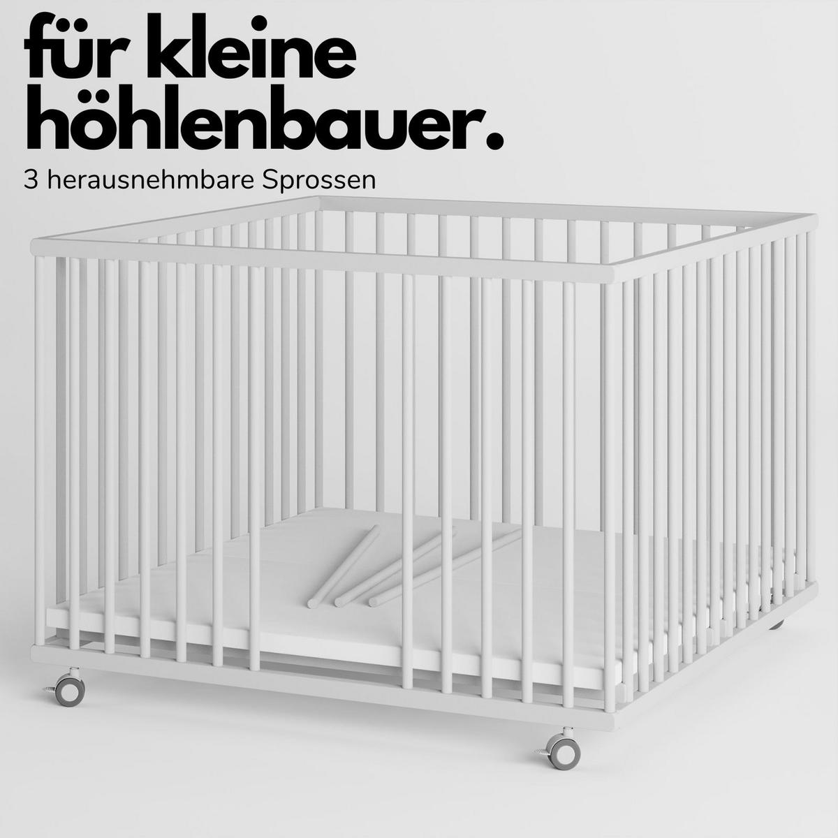 LAUFGITTER 100x100 cm mit Schlupfsprossen - weiß mit Matratze - Premium Kollektion - Weiß, Holz (100/74/100cm) - Sämann – make a difference.