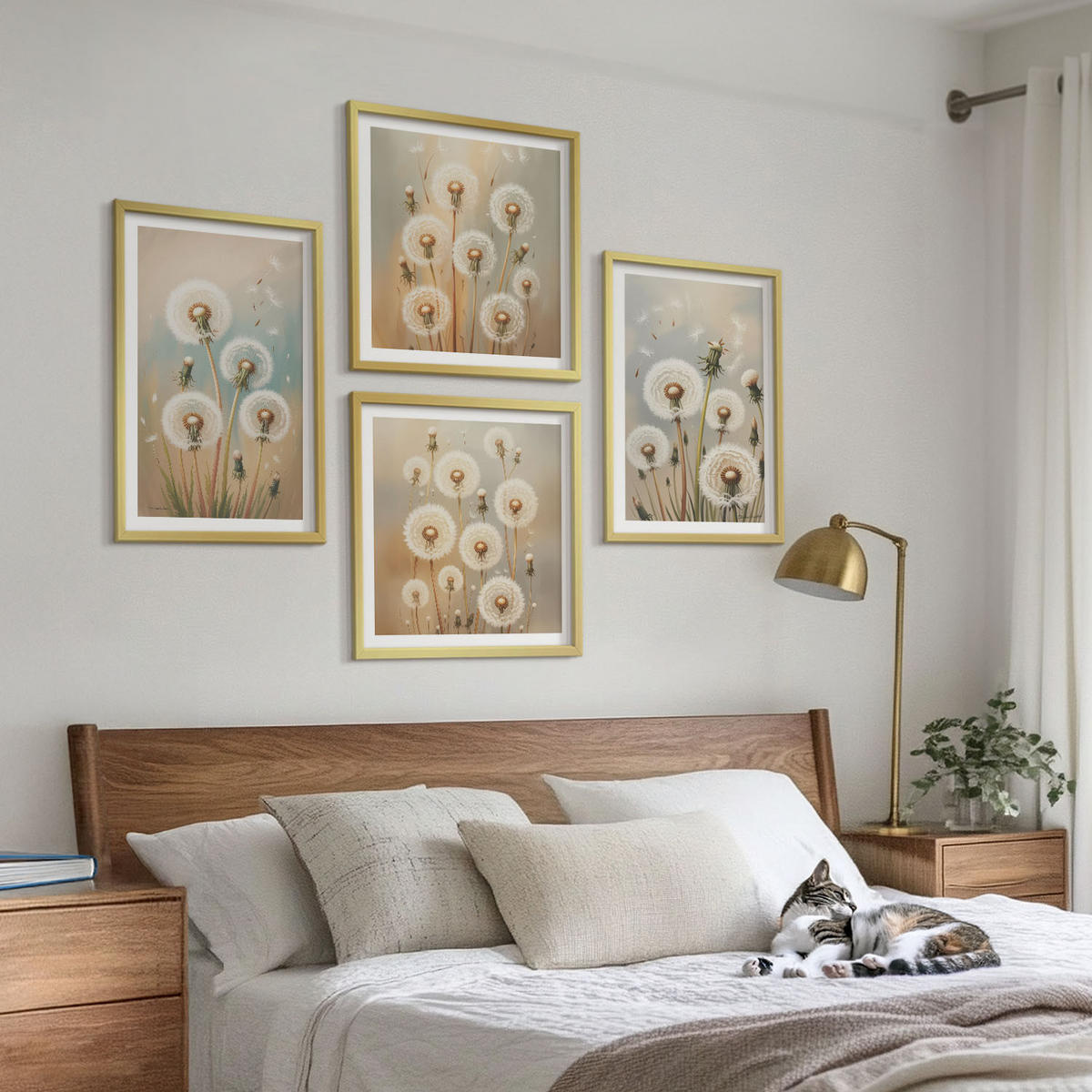 WANDBILDER 4er Set - 50x50 cm & 40x60 cm Goldrahmen - Pastellfarbene Löwenzahnblüten - Goldfarben, Kunststoff (50/50cm) - ArtPrintCave