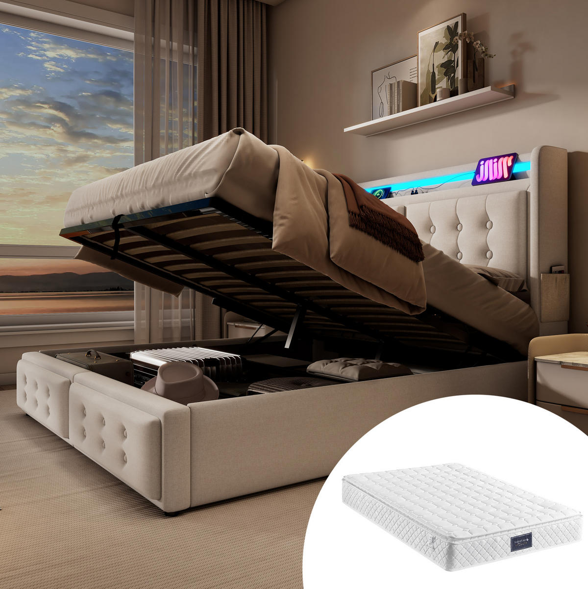 POLSTERBETT aus Baumwoll-Leinen 160x200 cm Beige mit Matratze, LED, Steckdosen, USB-C und Bettkasten - Beige, Textil (160/200cm) - IVMEU