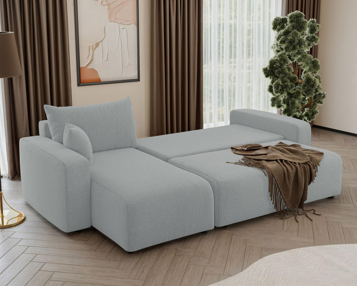 ECKSOFA Pianoni Hellgrau Bouclé-Bezug - Hellgrau/Schwarz, Kunststoff/Textil (244/140cm) - Selsey