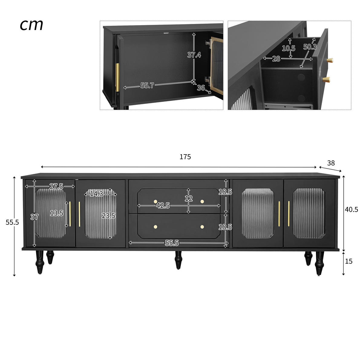 TV-SCHRANK 175/38/55,5 cm schwarz mit geriffelten Glastüren und goldenen Griffen - Schwarz, Holzwerkstoff (175/55.5/38cm) - OKWISH