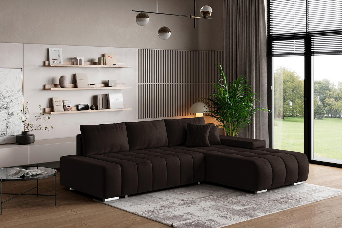 ECKSOFA ALESE R-S Braun Velours-Stoff mit Schlaffunktion - Braun, Holz (265/185cm) - MASSENO