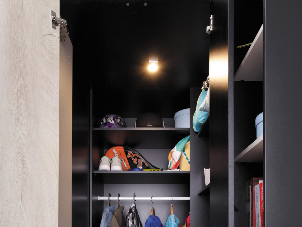 ECKKLEIDERSCHRANK Planet 01 L / P mit Beleuchtung - Eichefarben/Schwarz, Holzwerkstoff (135/190/135cm)